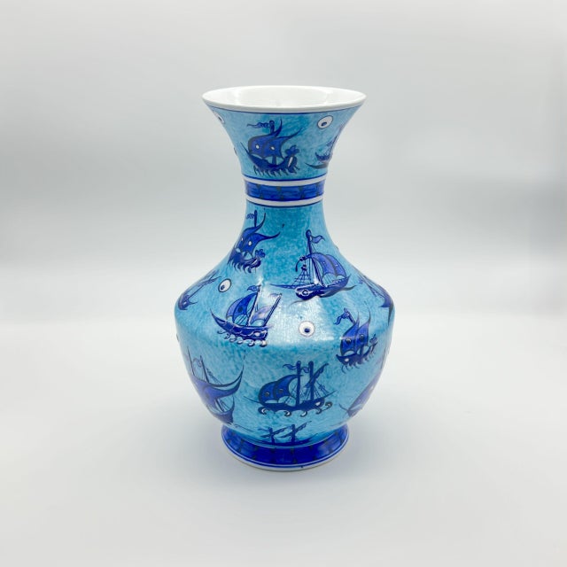Ceramic Handmade Ceramic Vase (30cm) – Ottoman Galleon Ships & Evil Eye Pattern – Nautical Iznik Art For Sale - Image 7 of 8