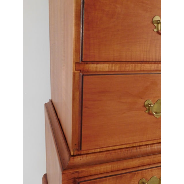 Ca. 1960s 2 Piece Curly Tiger Maple Flat Top Queen Anne Highboy W/ Secret Drawer 73" T For Sale - Image 12 of 17
