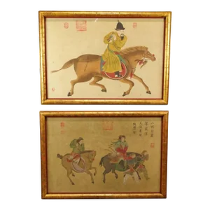 Pair of 19th Century Chinese Equestrian Horse Paintings in Watercolor