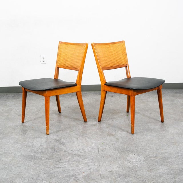 Mid Century Modern Dining Chairs Set 5 Cane Vintage Black Oak Wood Vintage MCM For Sale - Image 4 of 10