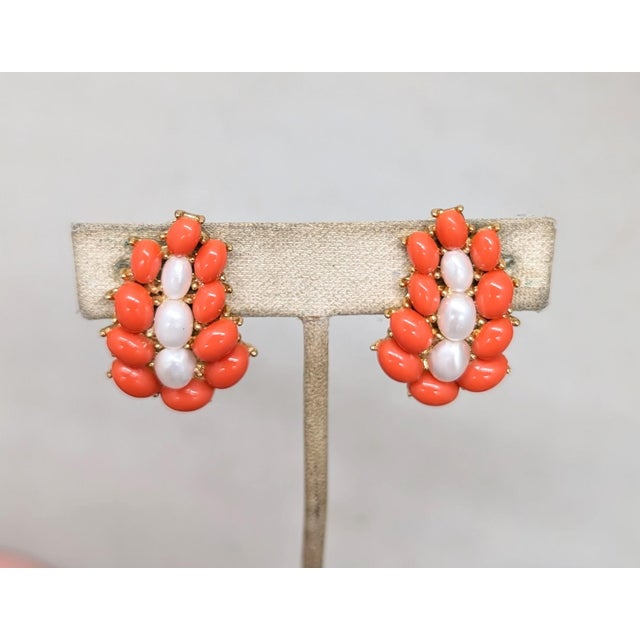 Vintage 1958 Crown Trifari Goldtone Cabochon Faux-Coral & Faux-Pearl Clip Earrings-2 Pieces For Sale In Philadelphia - Image 6 of 8