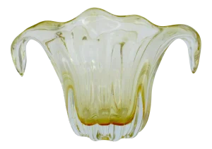 Vintage Mid-Century Modern Italian Murano Hand-Blown Citrine Lemon Yellow Fluted Decorative Vessel