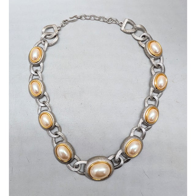 Metal Vintage 1990s Signed Monet Rhodium Plated Faux-Pearl Link Collar Necklace For Sale - Image 7 of 11