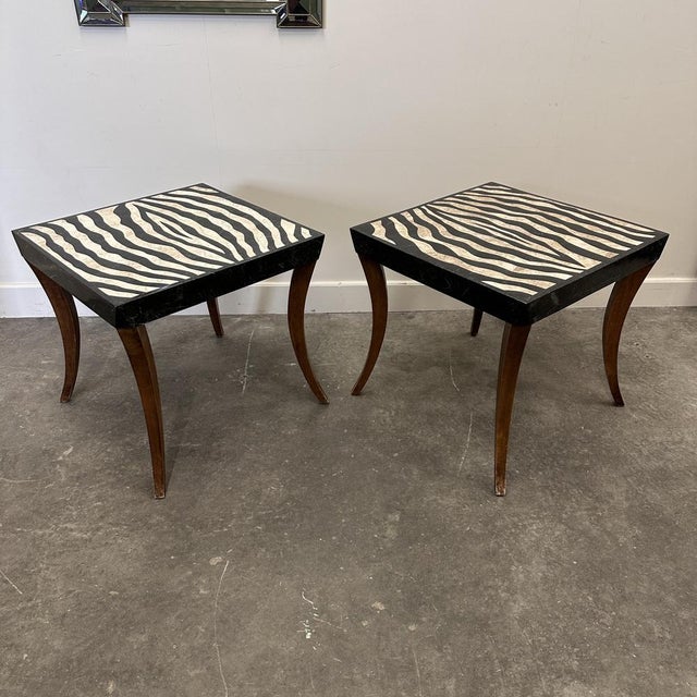 Italian Zebra Inlaid Tessellated Stone Tables with Refined Curv, Set of 2 For Sale - Image 5 of 16