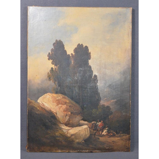 A beautiful antique oil painting on canvas depicting a romantic landscape with towering trees, large rocks, and small...