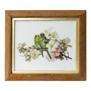 Antique Naive Portrait of Budgies (Common Parakeet), Original Oil on Porcelain For Sale