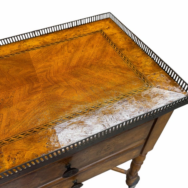 Late 20th Century Vintage Two Drawer Birds Eye Wood Brass Gallery Drinks or Side Table For Sale - Image 5 of 11