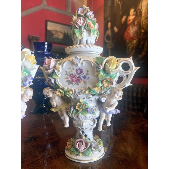 19th Century Capodimonte Polychrome Porcelain Incense Burners Vases with Flowers and Winged Cherubs, Set of 2 For Sale - Image 14 of 18