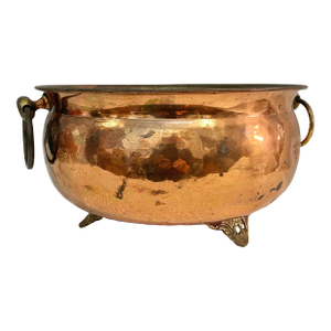 Vintage Hammered Copper Footed Cachepot Bowl With Brass Ring Handles, 10.5”