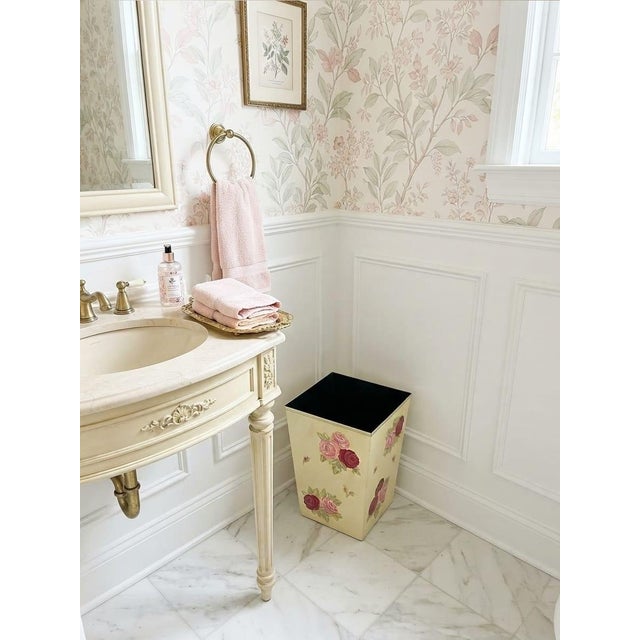 Metal Vintage Hand-Painted Floral Metal Wastebasket For Sale - Image 7 of 12