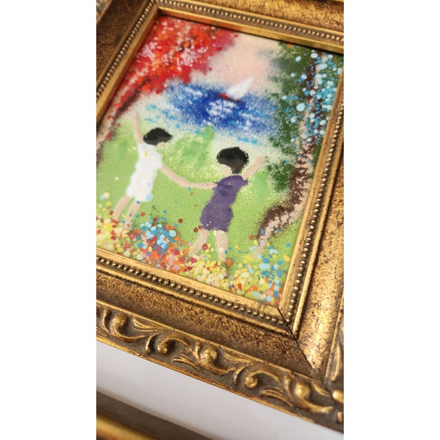 Pair of Mid-Century Enamel on Copper Figural Paintings in Gilt Frames, Circa 1960s For Sale - Image 4 of 18