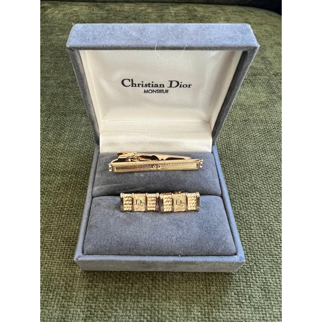 Rare Monsiuer Vintage Christian Dior Gold Plate Cufflinks & Tie Clip In Original Lux Case Circa 1980 Original Case...