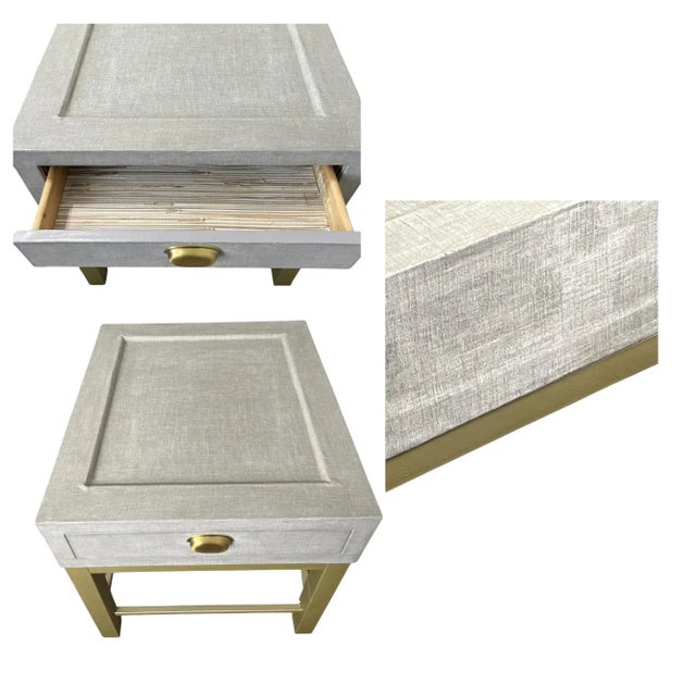 Modern Pair of Modern Gray Linen Fabric Wrapped (And Sealed) Side/End Tables or Nightstands With Champagne Metal Legs For Sale - Image 3 of 3