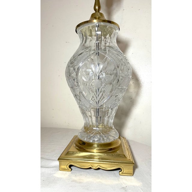 High Quality Vintage Brass Clear Cut Glass Etched Crystal Electric Table Lamp For Sale - Image 10 of 14