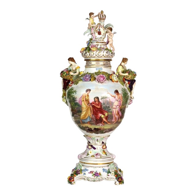 Large German Dresden Figural, Scenic & Floral Lidded Porcelain Palace Urn C1880 For Sale