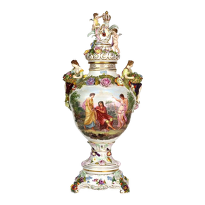 Large German Dresden Figural, Scenic & Floral Lidded Porcelain Palace Urn C1880