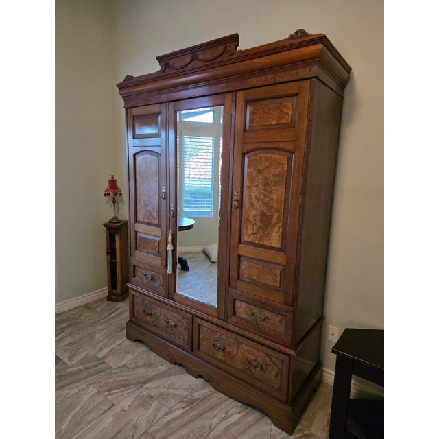 Victorian 19th Century Victorian Burl Wood & Oak 3-Door Grand Wardrobe Armoire With Mirror For Sale - Image 3 of 12