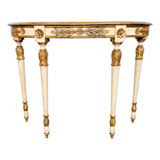 1950s Neoclassical Style Italian Gilt & Cream Painted Finish Demilune Console Table For Sale