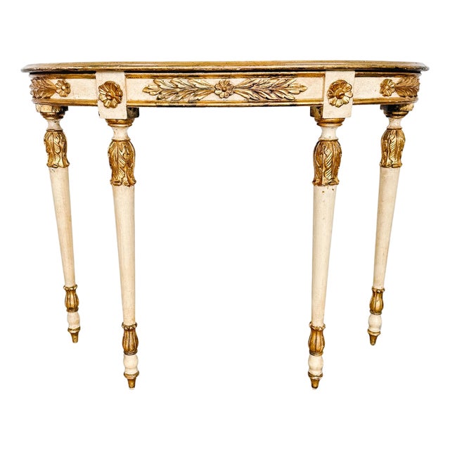 1950s Neoclassical Style Italian Gilt & Cream Painted Finish Demilune Console Table For Sale