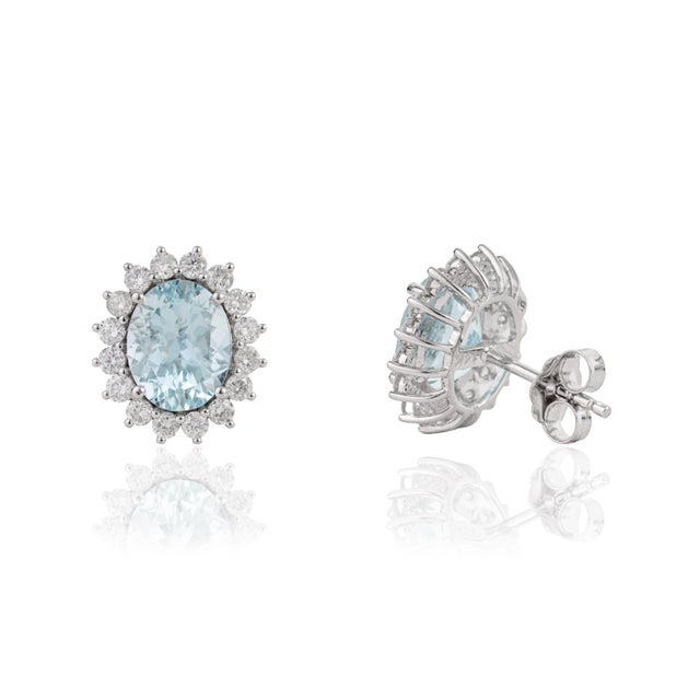 Metal VRJewels 3.72ct Oval Aquamarine Diamond Halo Stud Earrings in 14k Gold- 2 Pieces For Sale - Image 7 of 15