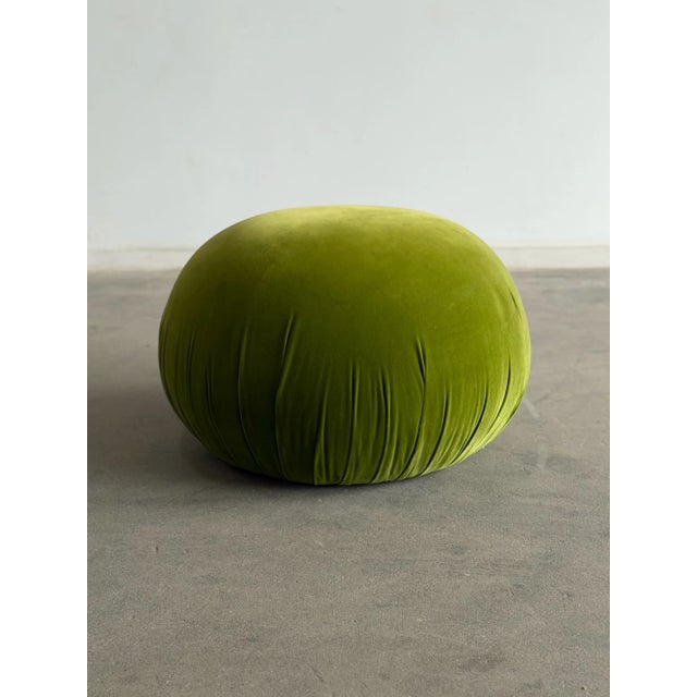 W26 D26 H17 An artisanal floor ottoman defined by its perfect, bulbous form and vibrant chartreuse velvet. This piece...