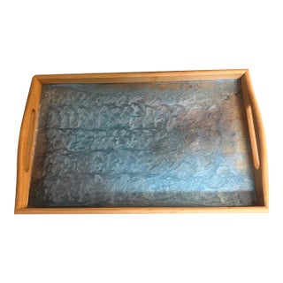 A Hand Painted Bamboo Serving Tray Shades of Blue For Sale