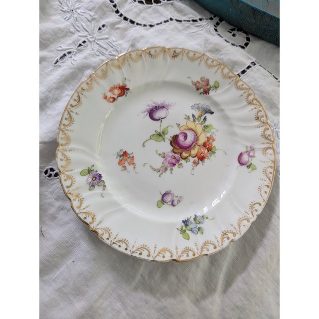 Six Antique Meissen 6" Porcelain Plates with Hand Painted Garden Flowers & Gilt Highlights