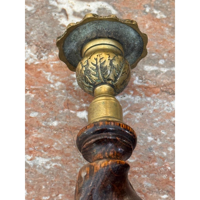 Brown Pair of Oak Barley Twist Candlesticks With Brass Sconces For Sale - Image 8 of 9