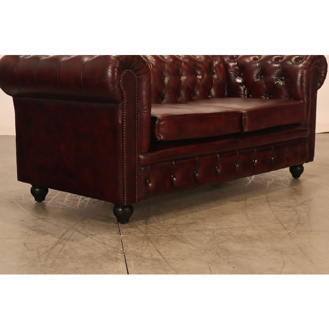 Oxblood Red Chesterfield Style Oxford Red Tufted Leather Sofa For Sale - Image 8 of 18