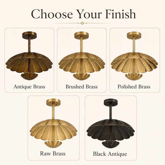 Vintage Brass Floral Ceiling Light, Handmade Lotus Petal Semi Flush Mount Fixture, Antique Brass Scalloped Ceiling Lamp for Bedroom Hallway For Sale - Image 9 of 15