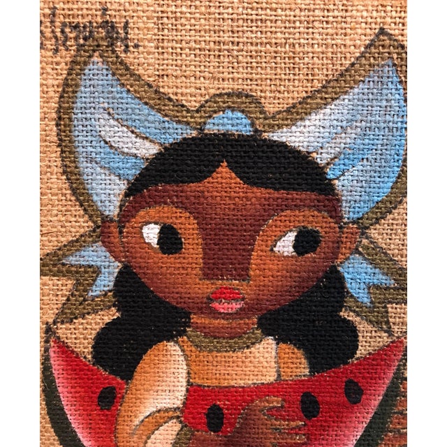 Folk Art Mid 20th Century Jose Maria de Servin, Folk Art Mexican Girl with Watermelon Oil Painting on Burlap For Sale - Image 3 of 4