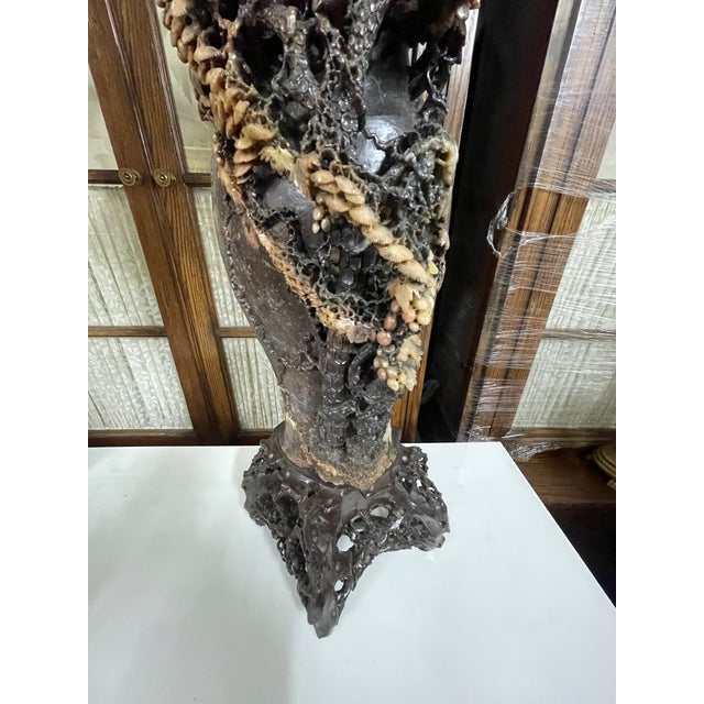 Brown Antique Chinese Elaborately Carved Natural Hard-Stone Table Lamps—A Pair For Sale - Image 8 of 18