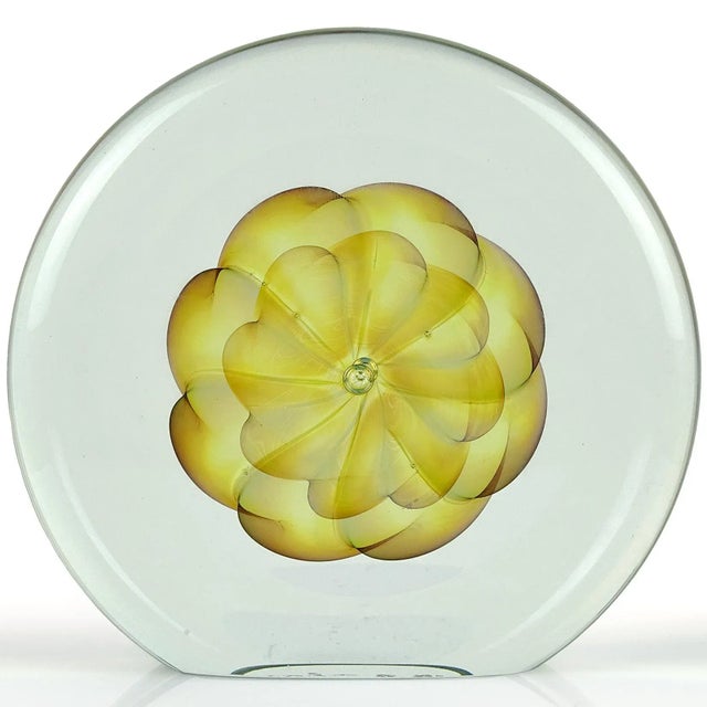 Artist Signed Vintage Opalescent Golden Yellow Double Floral Design Studio Art Glass Paperweight For Sale - Image 4 of 7