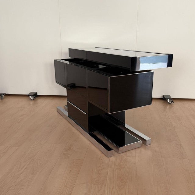 Convertible Bar and Stools in Black Lacquer, Chrome & Leather, Italy, 1970s, Set of 3 For Sale - Image 9 of 18