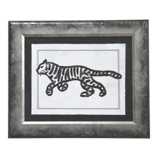 Tiger Black & White Minimalism Folk Art Abstract Original Oil Painting by Cleo Plowden For Sale