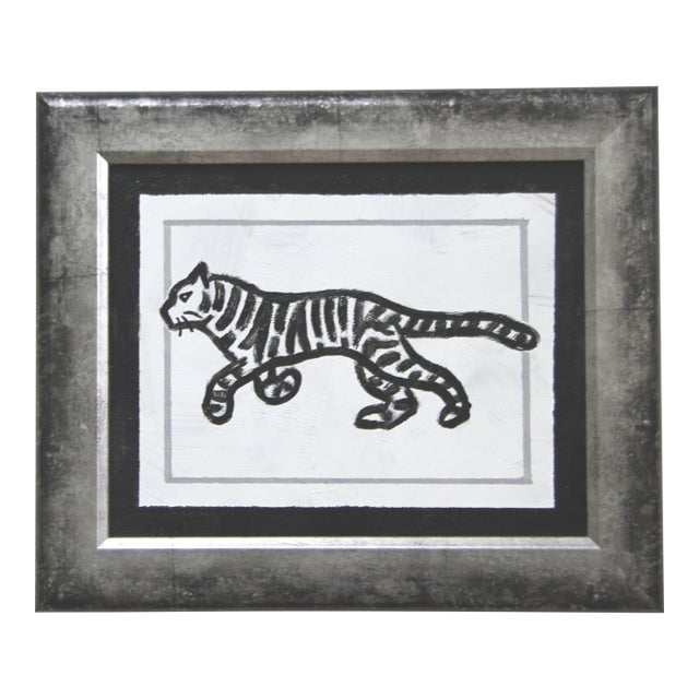 Tiger Black & White Minimalism Folk Art Abstract Original Oil Painting Cleo Plowden For Sale