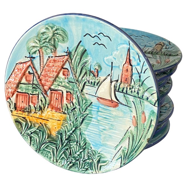 Majolica Plates Representing Saint Tropez, 1960s, Set of 10 For Sale
