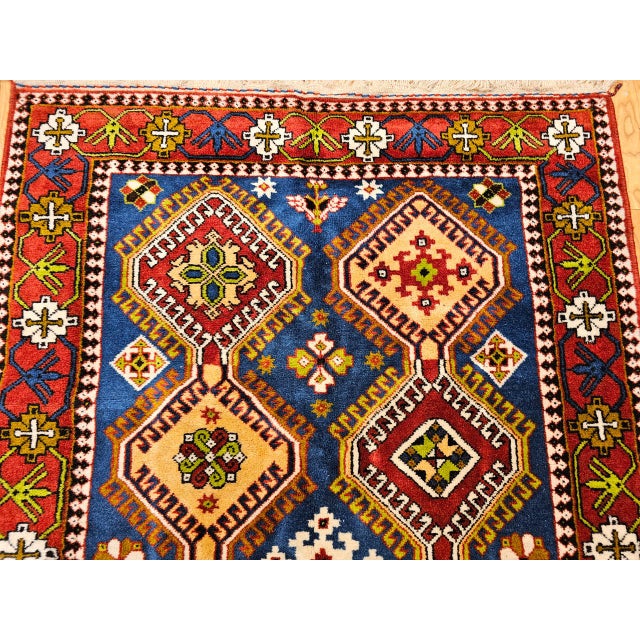 Vintage Persian Shiraz Yalameh Tribal Area Rug, Hand-Knotted Wool, Allover Geometric Pattern, Blue & Red, 3x5 For Sale - Image 10 of 17