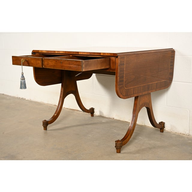 Baker Furniture Regency Inlaid Yew Wood Writing Desk or Console Table, Circa 1980s For Sale In South Bend - Image 6 of 17