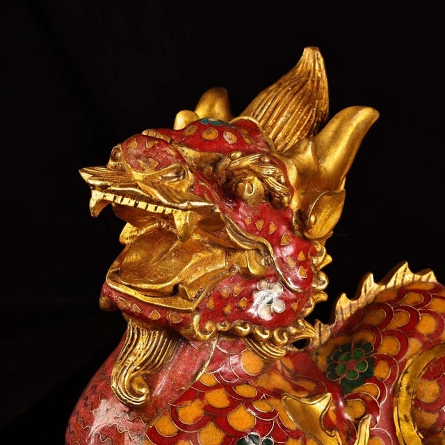 Mid 20th Century Pair of Gilt Cloisonne Enamel Qilin Figures – 7.9" Mythical Beast Statues For Sale - Image 9 of 9