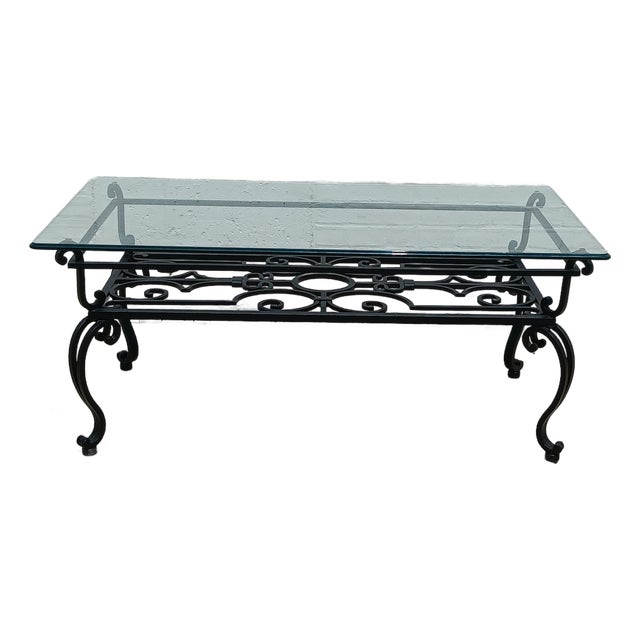 Vintage 19th Century French Wrought Iron Indoor/Outdoor Coffee Table With 1" Thick Table Top Glass For Sale