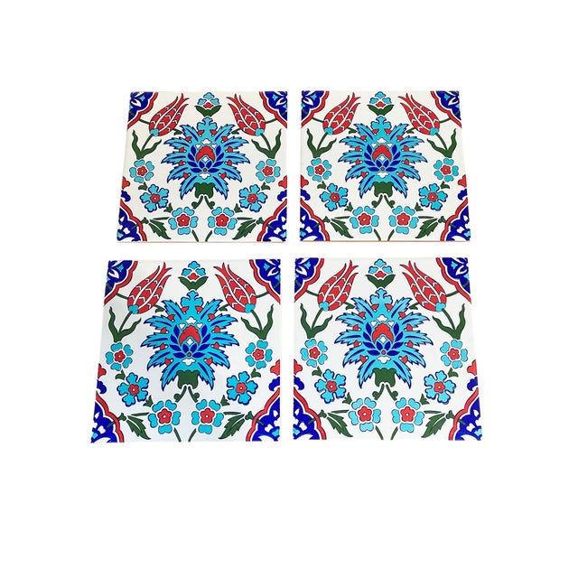 2000 - 2009 Turkish Iznik Red & Blue Floral Pattern Ceramic Tile For Sale - Image 5 of 6