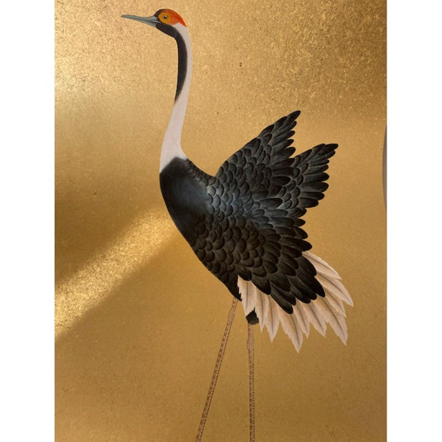 Japanese Hand Painted Golden Crane Scenic Wallpaper Mural – Luxury Metallic Gold Leaf Wallcovering For Sale - Image 3 of 9