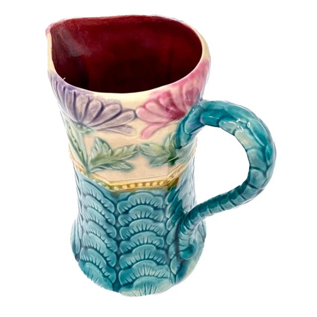 Vintage abstract daisy and leaf petal majolica pitcher with handle and spout. Marked "F.F.A.S...., Made In France, BFN 17"...