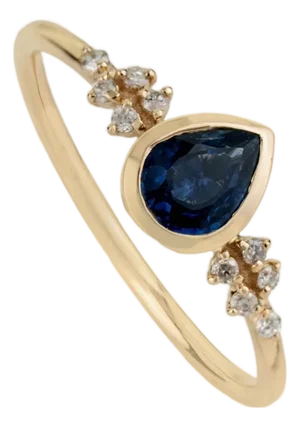 Pear Cut Blue Sapphire and Diamond Cluster Vintage Ring in 14k Gold Size 6