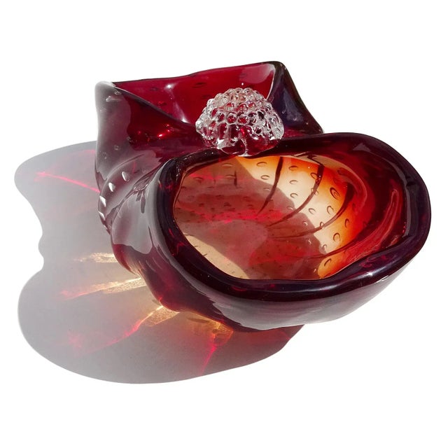 Beautiful vintage Murano hand blown ruby red to orange "Amberina" and controlled bubbles Italian art glass basket shaped...