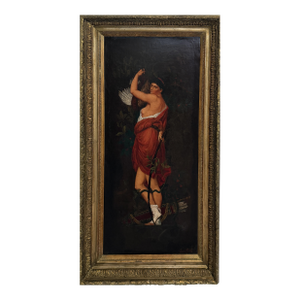 Antique 19c. Original Oil Painting French School Huntress, Signed, Gild Frame