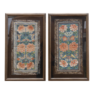 Set of 2, Framed Traditional Floral Silk Panels "Wealth & Longevity"