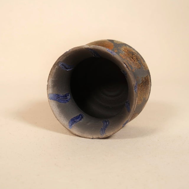 Copper Signed Studio Pottery Raku Ceramic Vessel With Metallic Copper Glaze and Abstract Brushwork For Sale - Image 8 of 17