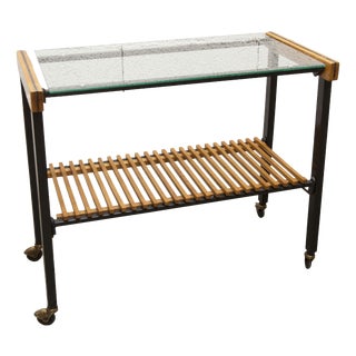 Vintage Teak, Black Metal, and Glass Serving Cart on Casters, 1960s For Sale